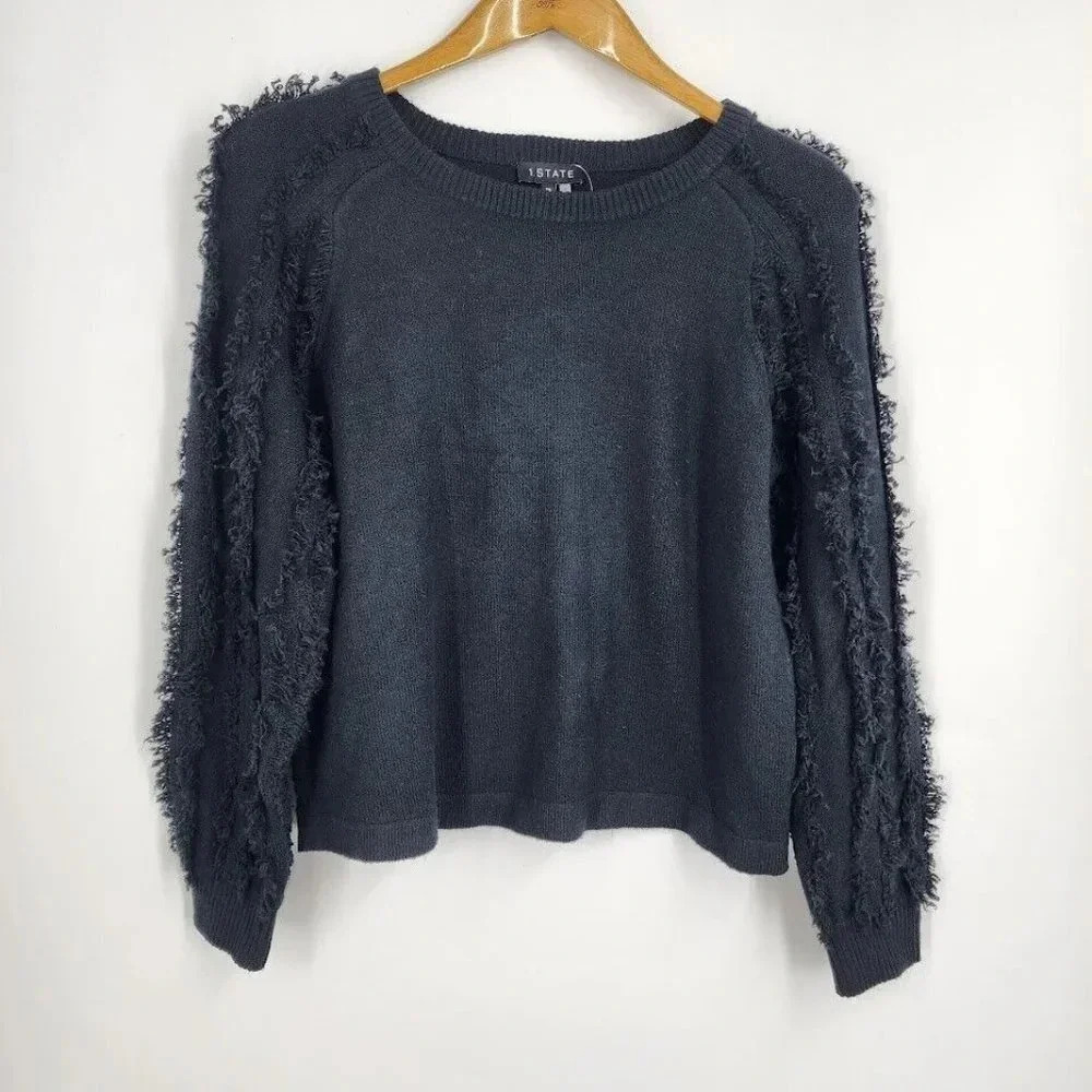 1.STATE Women's Crew Neck Fringe Sleeve Tunic Sweater In Rich Black Size XS NWT